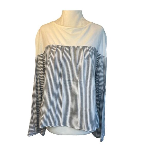 Zara Cotton Striped Blouse Blue White Knit Crewneck Long Sleeve S - Picture 1 of 6